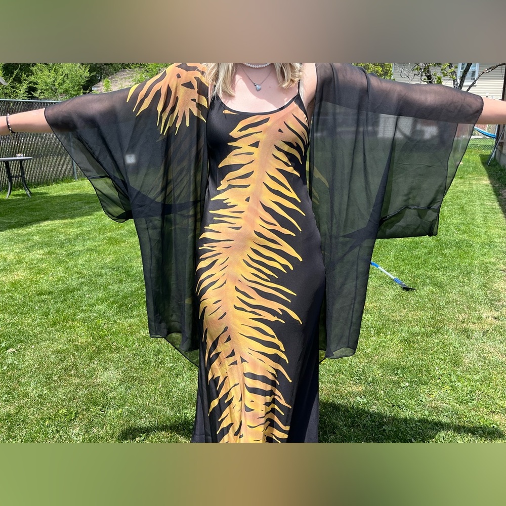 Vintage Y2K 100% silk Tiger maxi dress & shawl black flowy long goth S-M - Picture 2 of 10